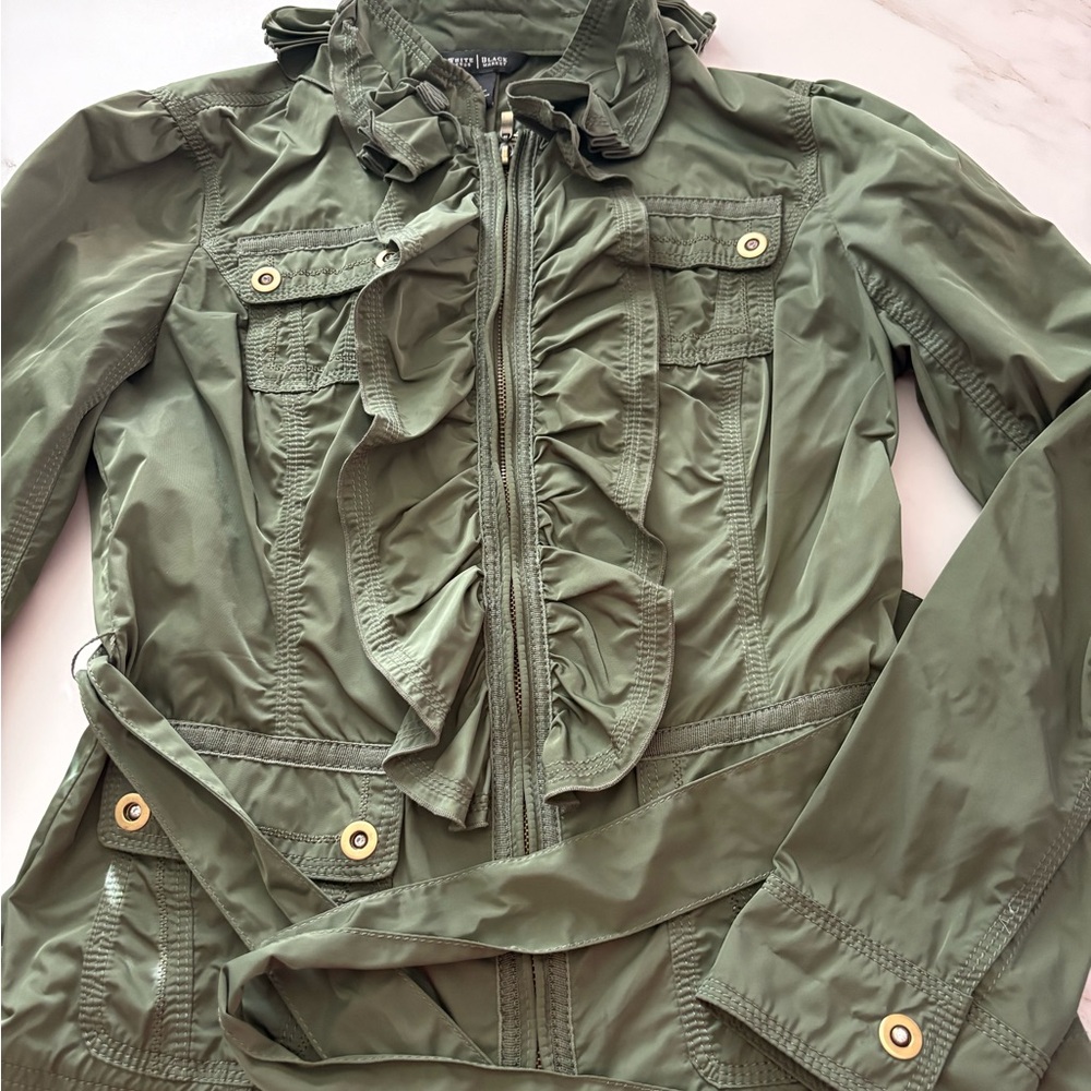 White House Black Market Olive Green Ruffled Utility Jacket